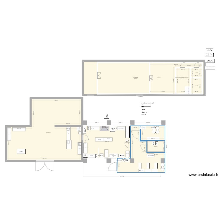 TRAVAUX CUISINE en L avec pylone. Plan de 11 pièces et 343 m2