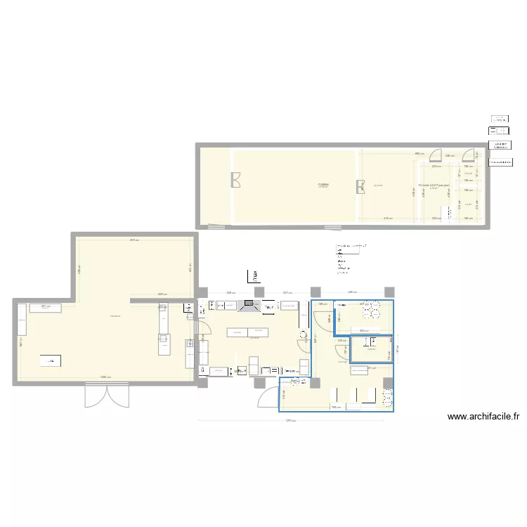 TRAVAUX CUISINE en L avec pylone. Plan de 