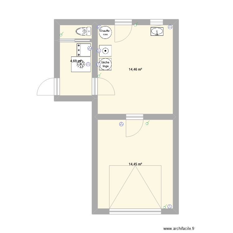 Cellier et Garage. Plan de 3 pièces et 34 m2