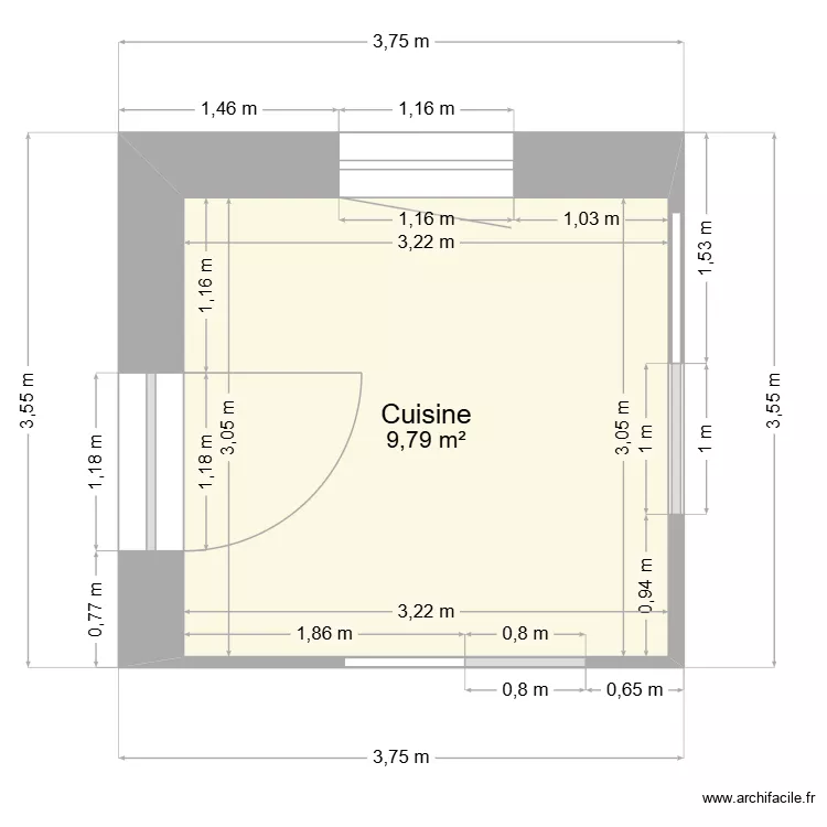 cuisine. Plan de 1  et 10 m²