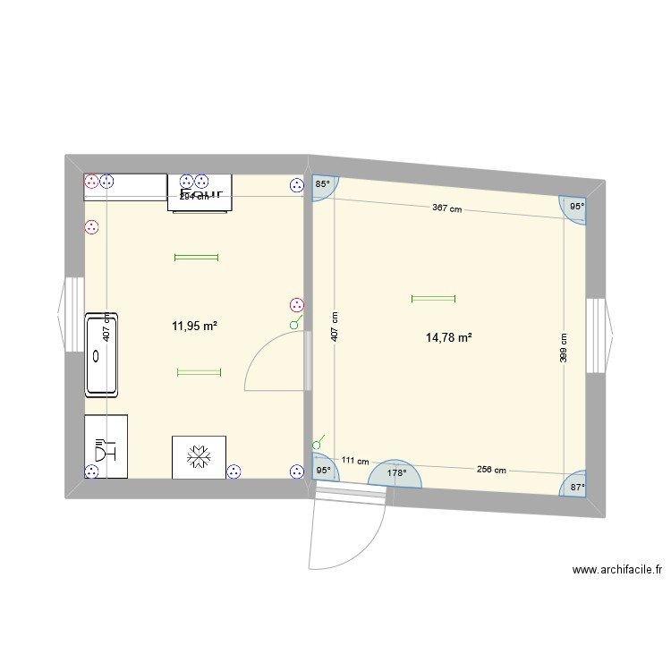 cuisine école. Plan de 3 pièces et 33 m2