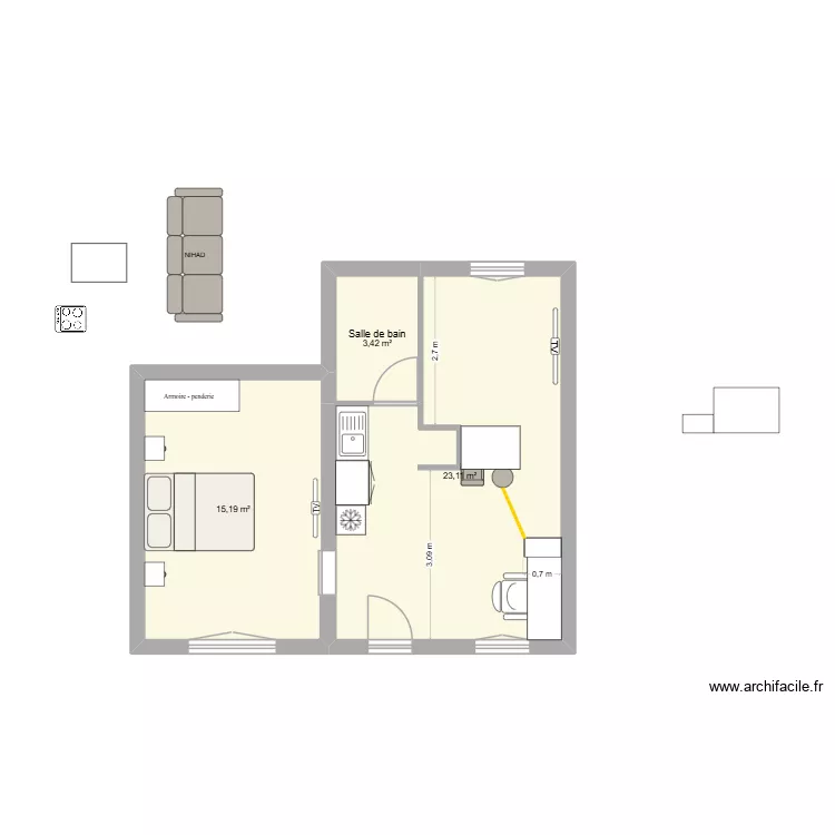Chambre projet bis. Plan de 3 Pièces et 42 m²
