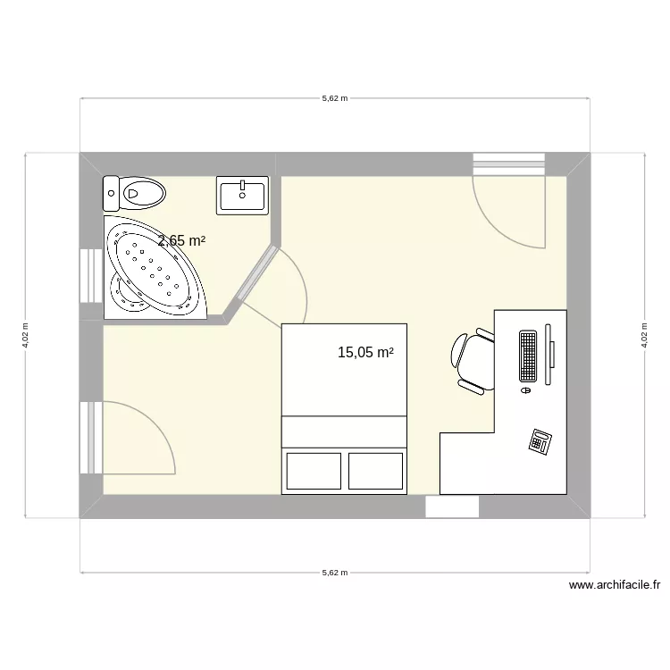 Chambre bureau 3. Plan de 2  et 18 m²