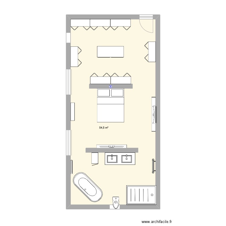 idée 2 (tout ouvert). Plan de 1 pièce et 55 m2