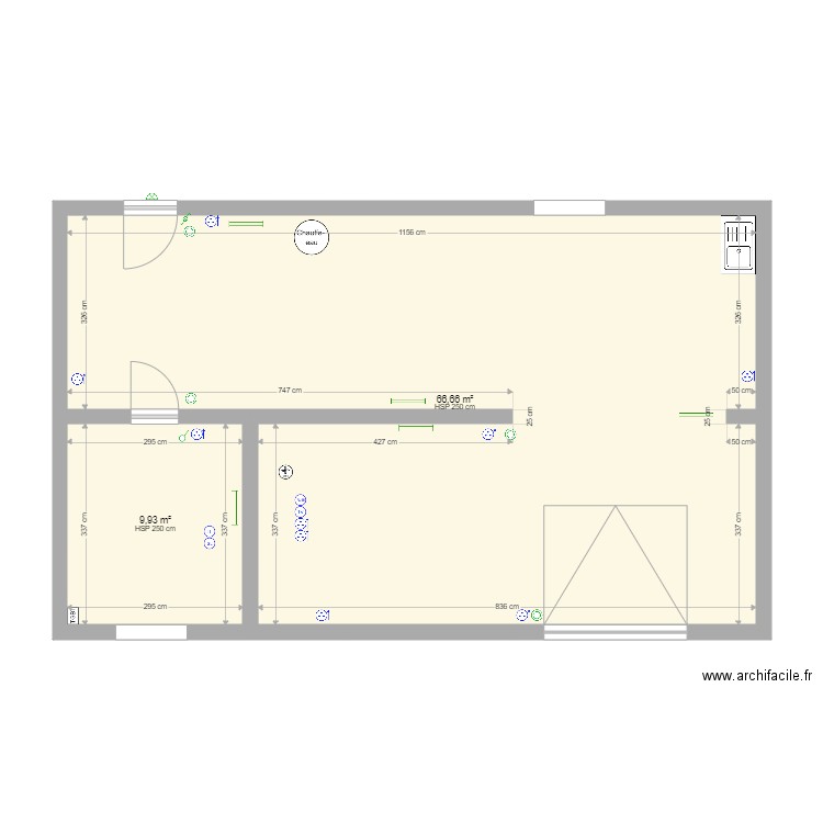Cary sous sol. Plan de 2 pièces et 77 m2