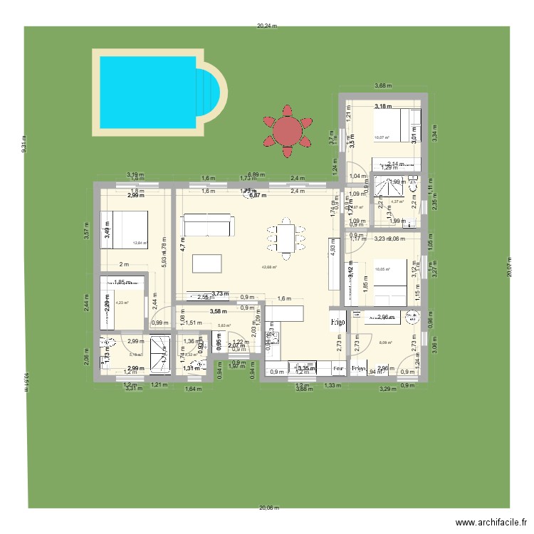 107 m2 avec 3 chambres. Plan de 11 pièces et 108 m2