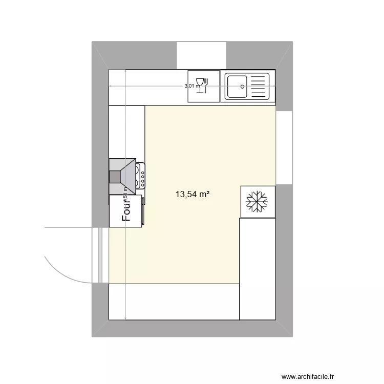 cuisine. Plan de 1  et 14 m²