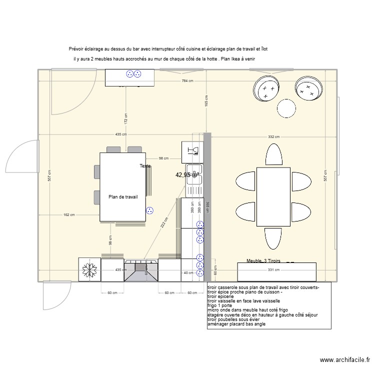 Cuisine Monroseau. Plan de 1 pièce et 43 m2