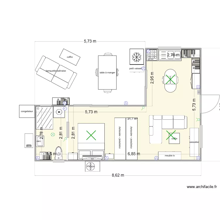 bungalow meuble. Plan de 1  et 32 m²