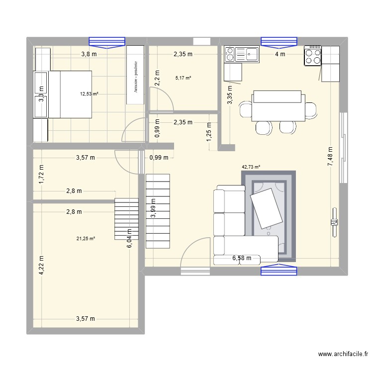 Maison RDC. Plan de 4 pièces et 82 m2