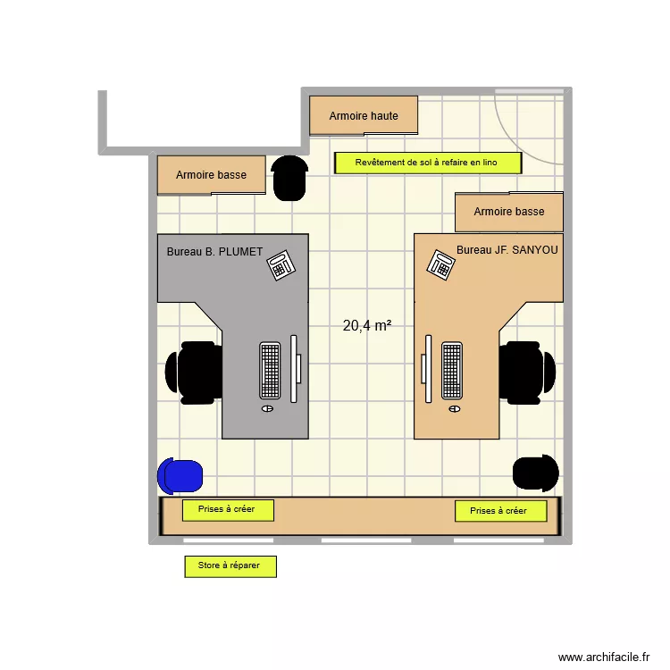 Bureau RDC JFS BP. Plan de 1  et 20 m²