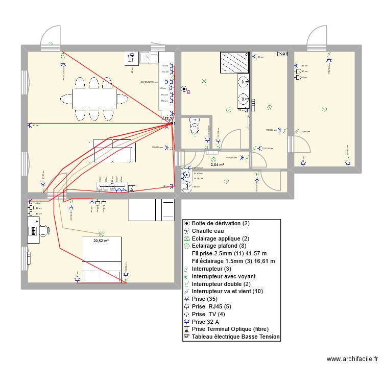 TURIN Elec cablage. Plan de 8 pièces et 91 m2