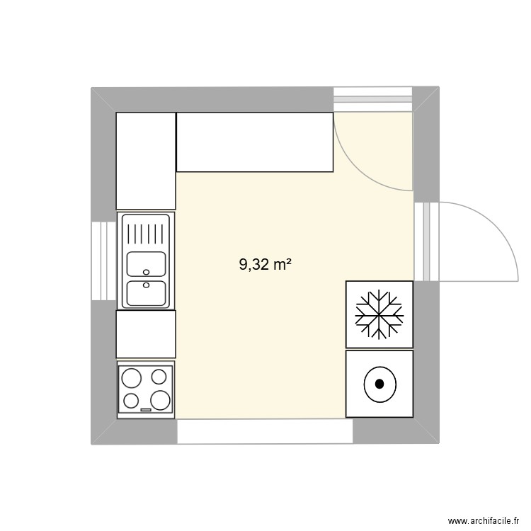 cuisine. Plan de 1 pièce et 9 m2