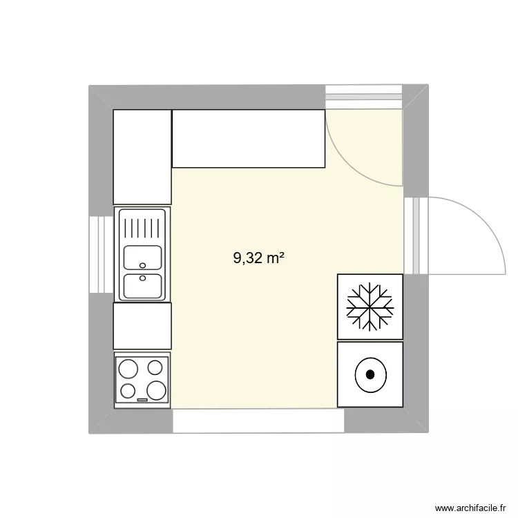 cuisine. Plan de 1  et 9 m²