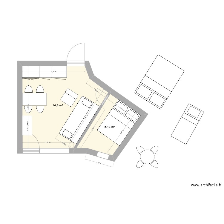appart 4. Plan de 2 pièces et 20 m2