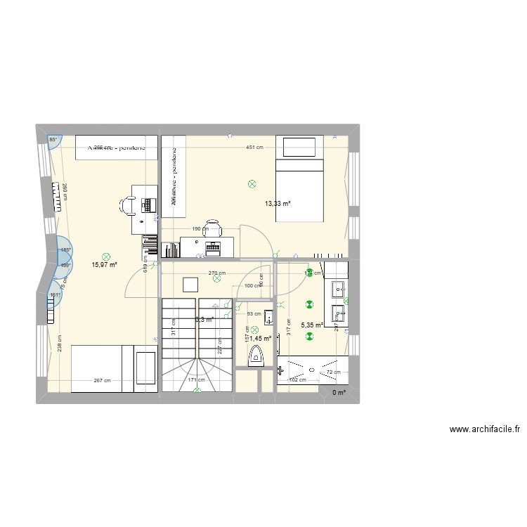  M1 Niveau R+1. Plan de 8 pièces et 43 m2