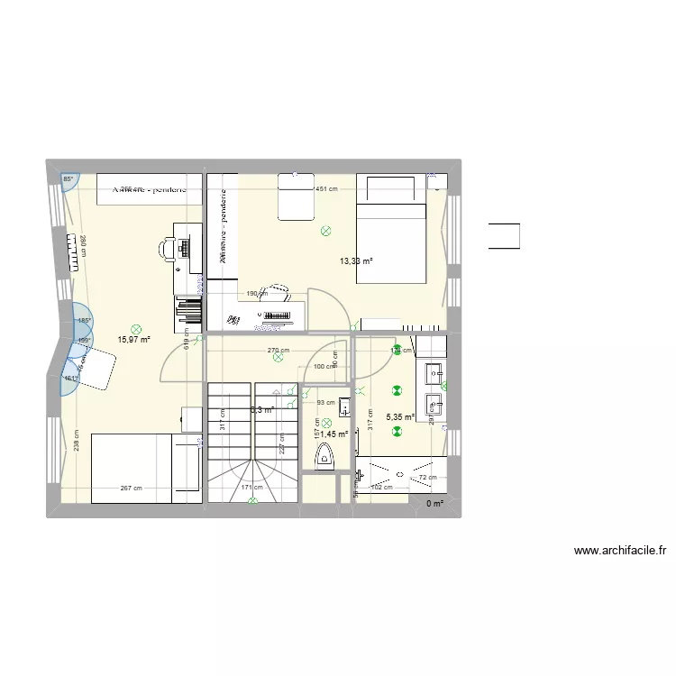 M1 Niveau R+1. Plan de 8  et 43 m²