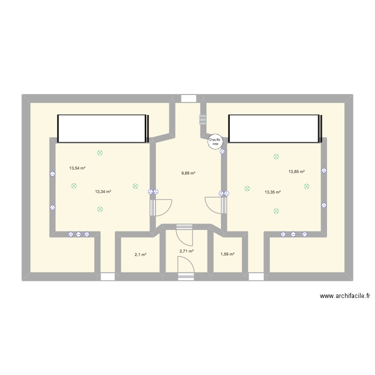 double mur. Plan de 8 pièces et 70 m2