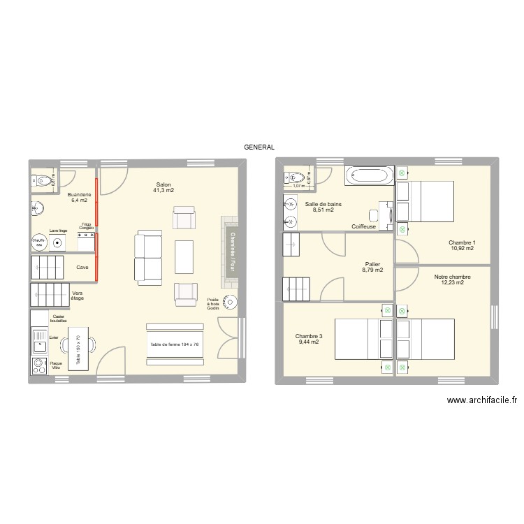 General. Plan de 5 pièces et 100 m2