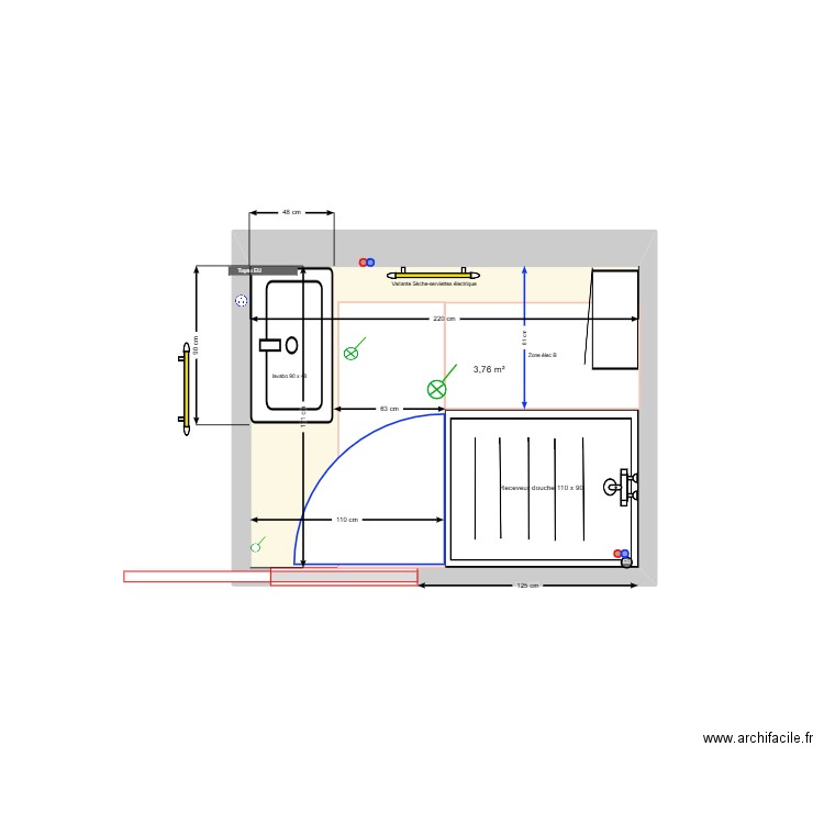SDB Rossan_V lavabo à gauche&110x90 à droite. Plan de 1 pièce et 4 m2