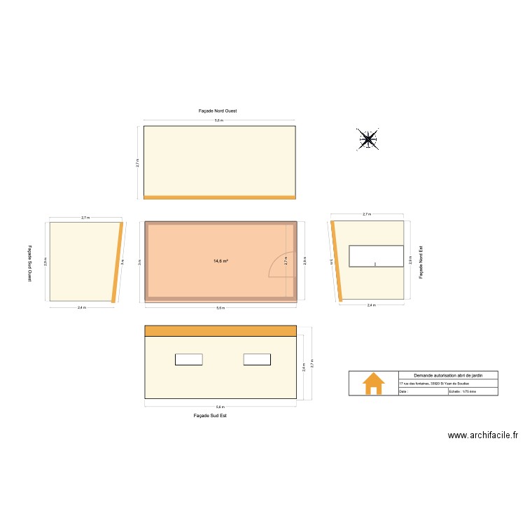 Abri de jardin Mairie autorisation fenetres A4. Plan de 1 pièce et 15 m2