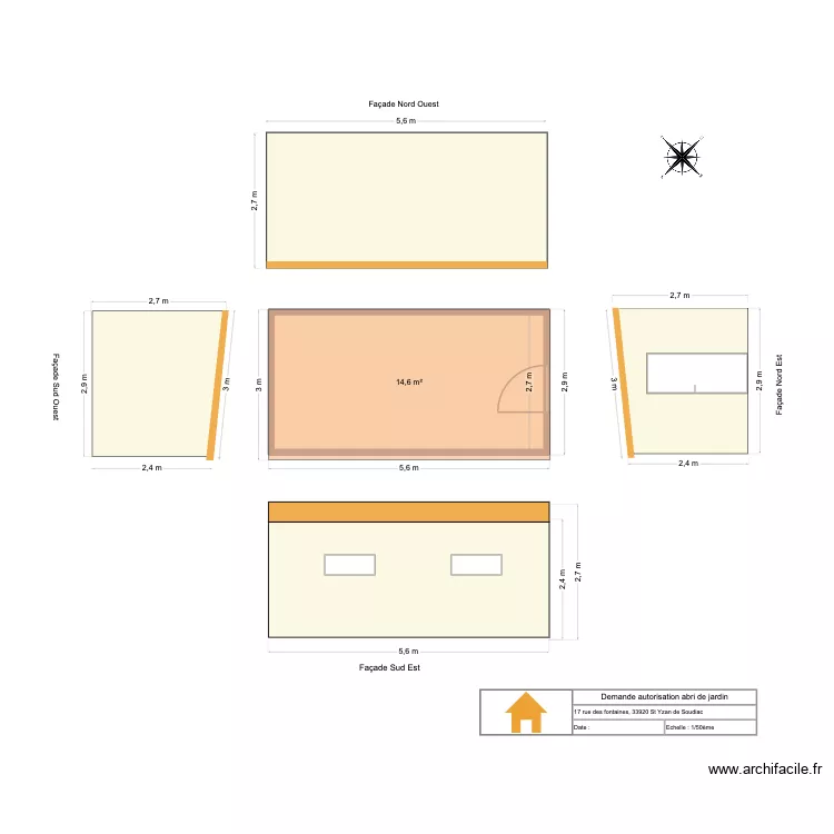 Abri de jardin Mairie autorisation fenetres A4. Plan de 1  et 15 m²