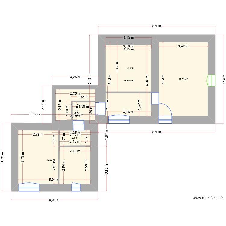 amelia correction. Plan de 5 pièces et 57 m2