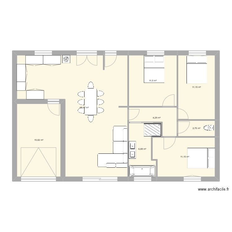 3ch. Plan de 8 pièces et 108 m2