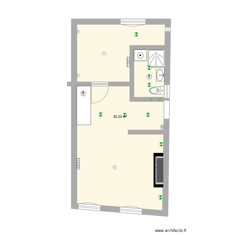 RDC. Plan de 1 pièce et 32 m2