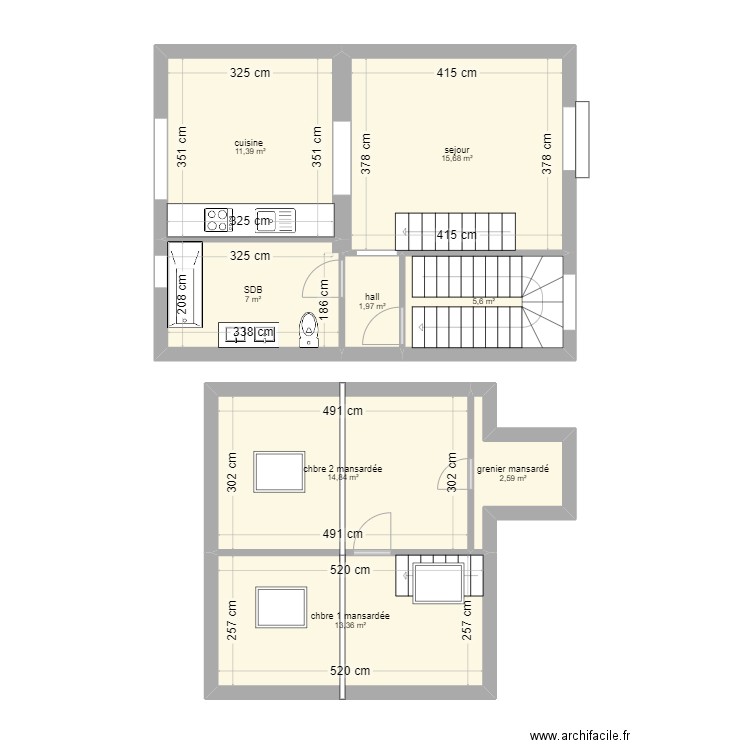 FREDERIC duplex 2eme etage . Plan de 8 pièces et 72 m2