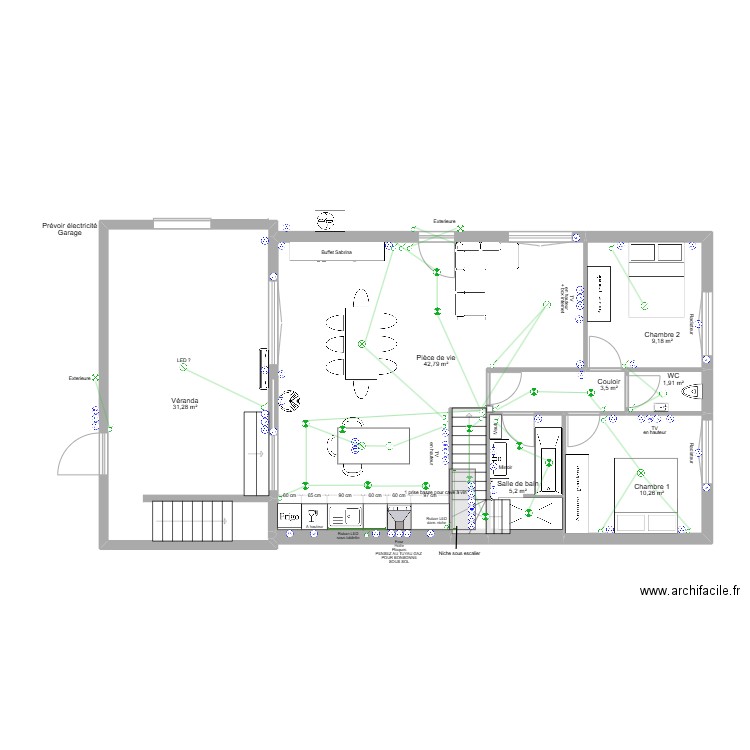 Plan définitif - Electricité - Rez-de-Chaussé - Maison 60 Saint Louis. Plan de 8 pièces et 107 m2