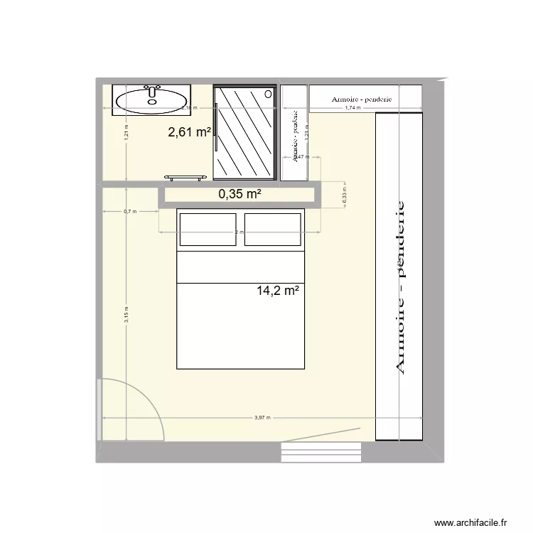 CHAMBRE LEO V3. Plan de 3  et 17 m²