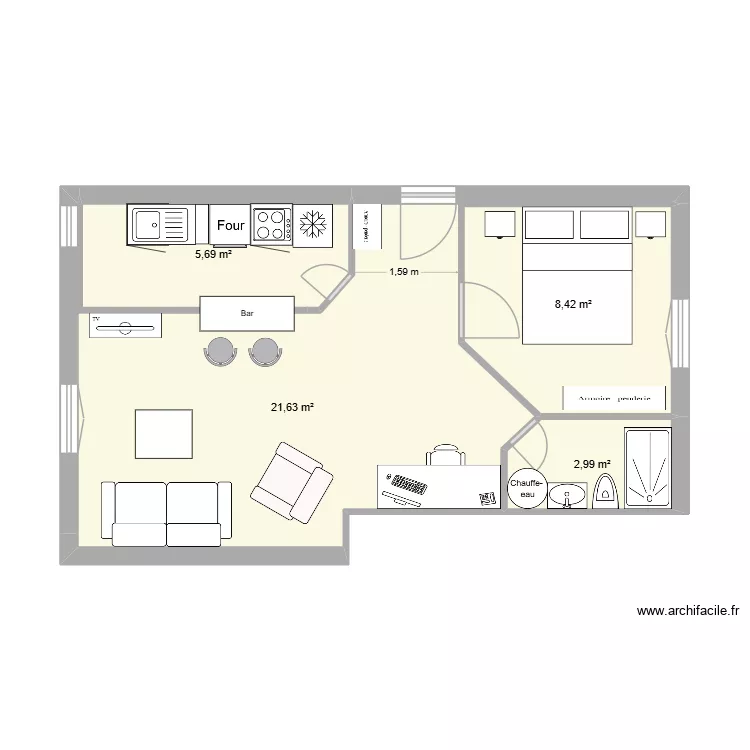 Appartement Tom V2. Plan de 4  et 39 m²