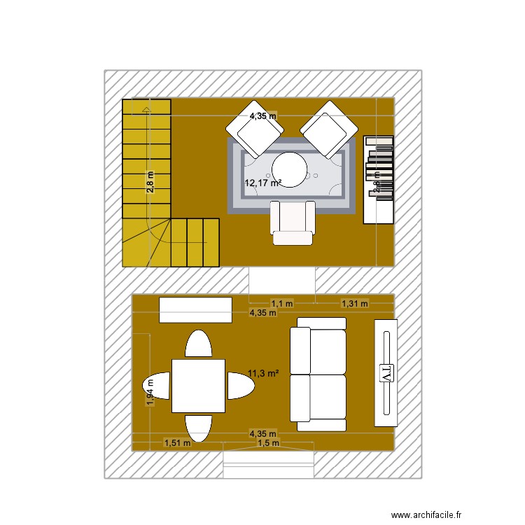 R+1. Plan de 2 pièces et 23 m2