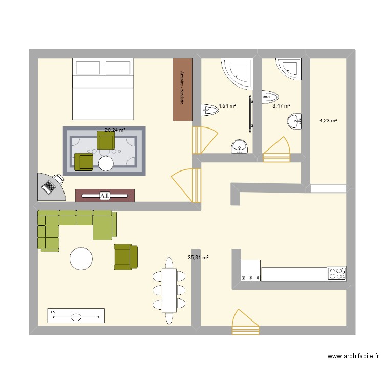 chambre salon. Plan de 5 pièces et 68 m2