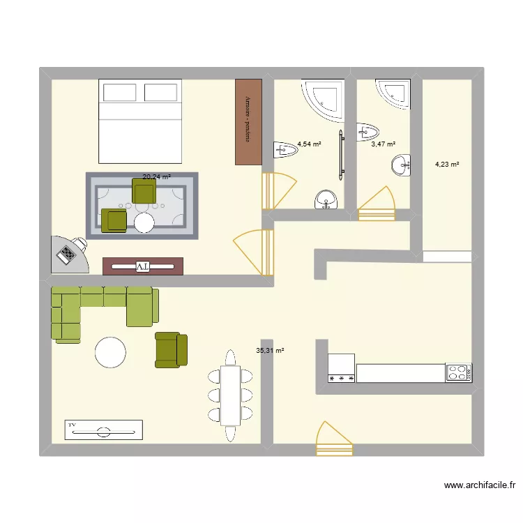 chambre salon. Plan de 5 pièces et 68 m²