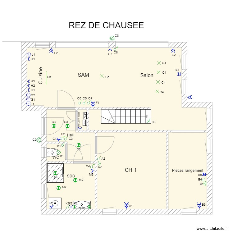REZ DE CHAUSSEE Jean. Plan de 7 pièces et 53 m2