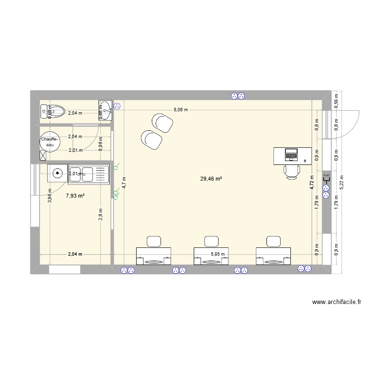 salon de coiffure. Plan de 2 pièces et 37 m2