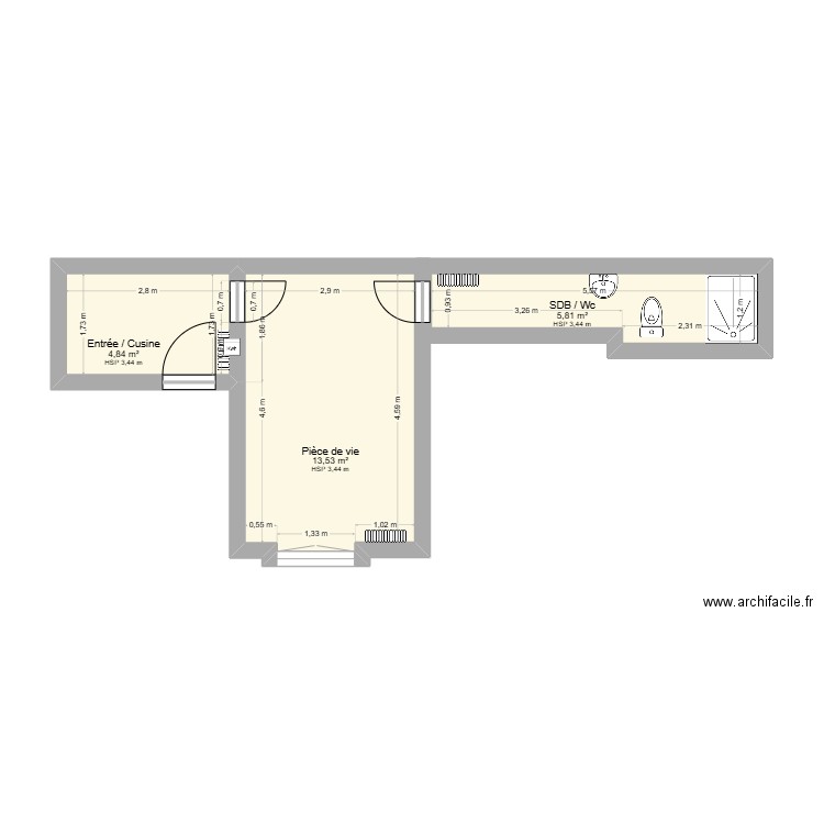 Plan 3. Plan de 3 pièces et 24 m2