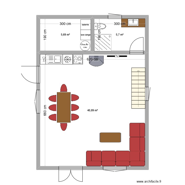interieur reel. Plan de 3 pièces et 52 m2