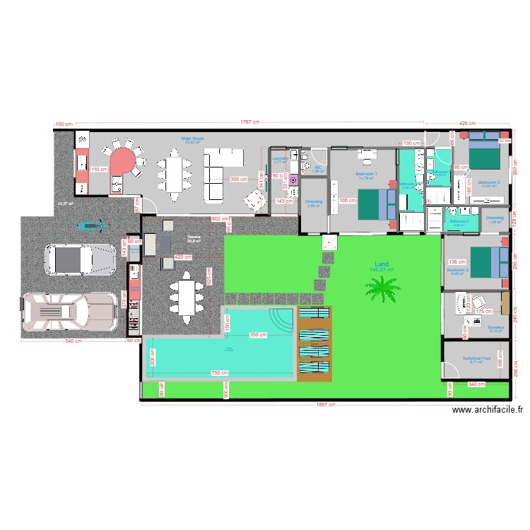Maison Thaillande. Plan de 16 pièces et 266 m2