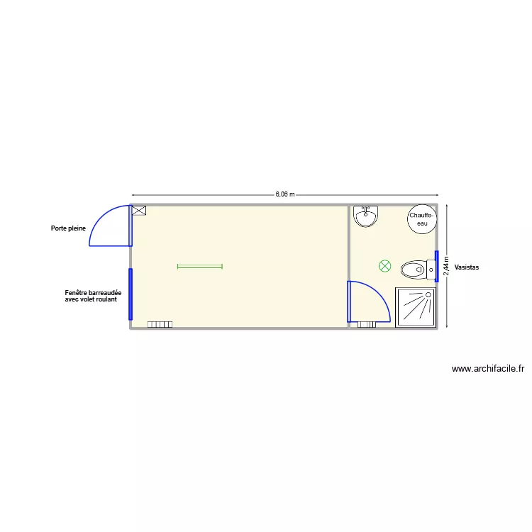 V505 Bungalow occ avec zone sanitaire. Plan de 2  et 14 m²