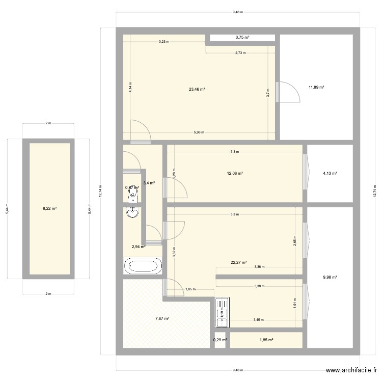 3eme. Plan de 14 pièces et 110 m2