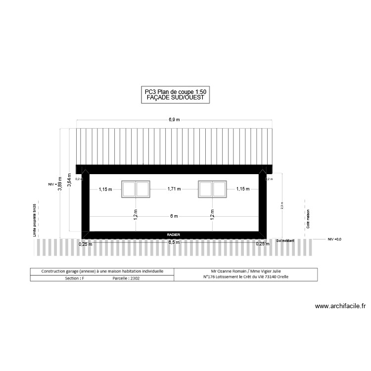 coupe face Sud Ouest pour permis. Plan de 0 pièce et 0 m2
