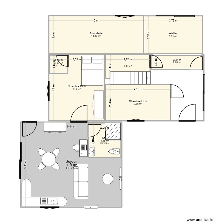 Sous-Sol-Aménagé. Plan de 9 pièces et 95 m2