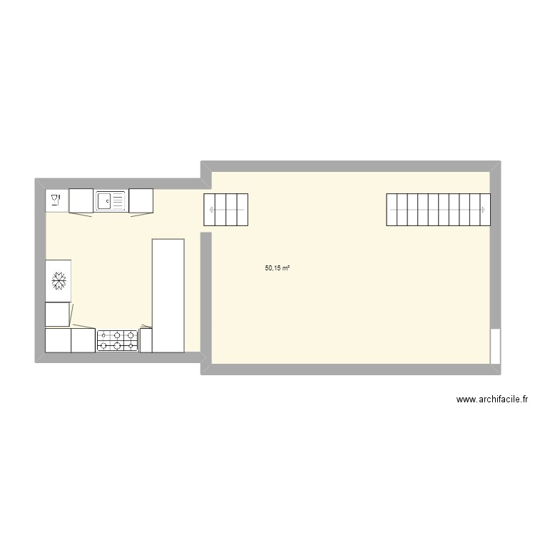 cuisine salon. Plan de 1 pièce et 50 m2