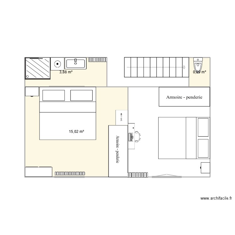 Niveau haut maison. Plan de 3 pièces et 20 m2