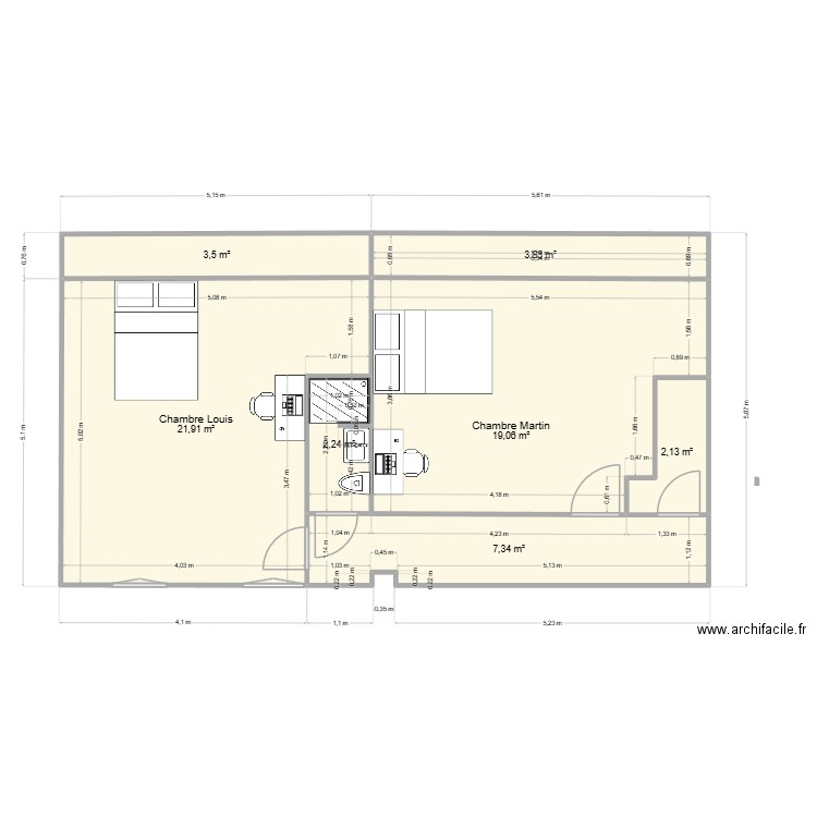 Surfaces. Plan de 7 pièces et 60 m2