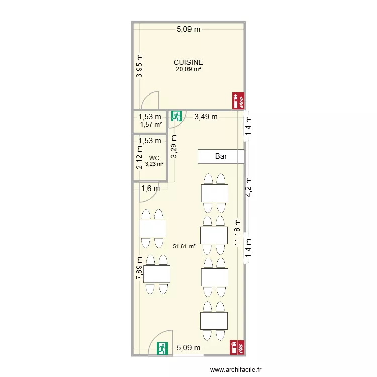 kebab fini. Plan de 4  et 77 m²