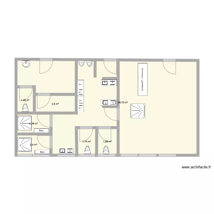 Sanitaire 2. Plan de 7  et 61 m²